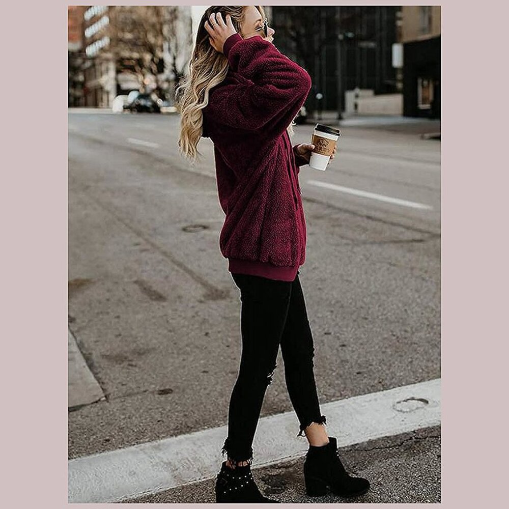 Women's Fuzzy Hoodies Sport Pullover Hoodie Wine Red - Picture 5 of 7
